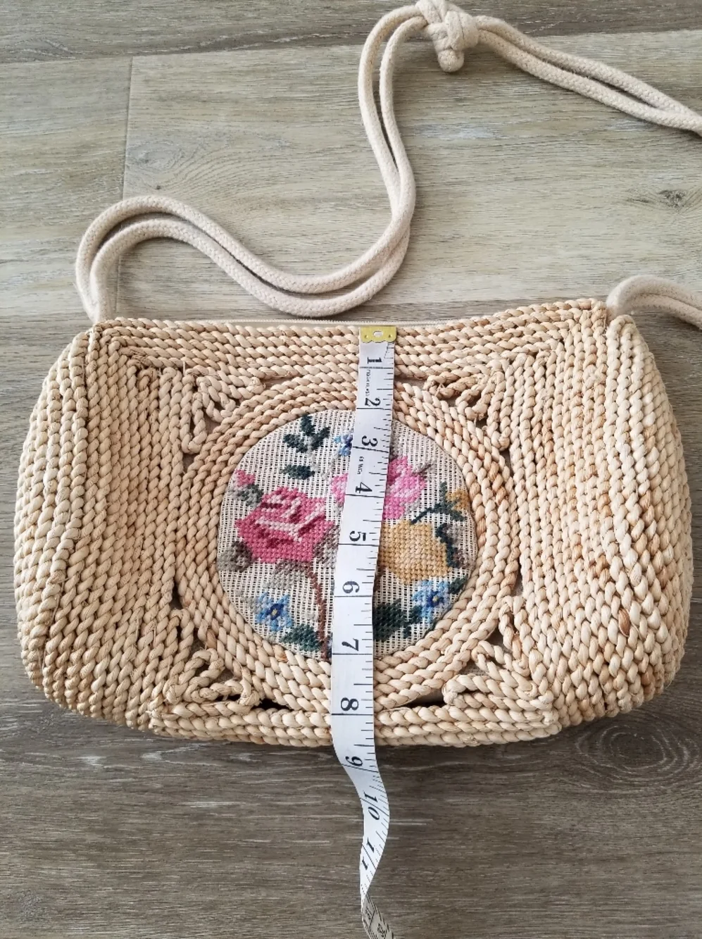 Vintage Cross Stitch Embroidery Boho Straw Shoulder Bag Cottagecore - Picture 10 of 12